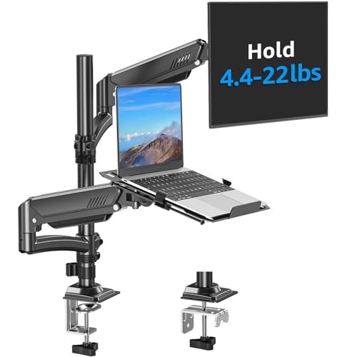 MOUNTUP Laptop and Monitor Desk Mount, Laptop Tray for Max 17" Notebook, Monitors Arm Fits up to 32" Monitor, Laptops Arm Holds 4.4-22lbs, 2-in-1 Tall Laptops Mount with Clamp/Grommet - size: Dual, style: With Pole