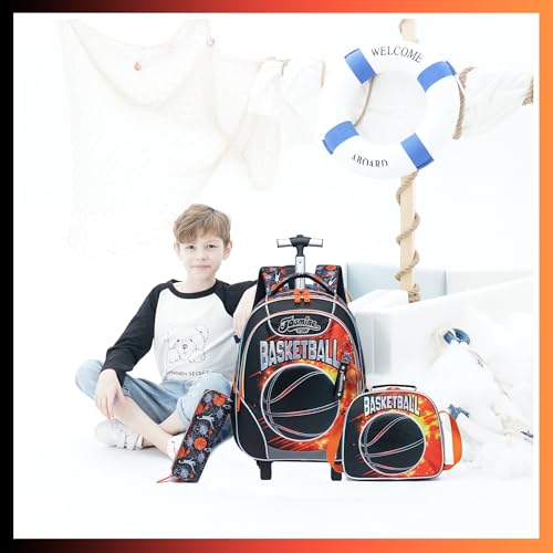 Meetbelify Kids Rolling Backpack with Wheels for Boys Rolling Backpacks with Lunch Box for Elementary School Students 3 in 1 Travel Luggage Carry on Suitcase for Boys Age 8-10 - color: 02 Basketball