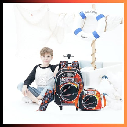 Meetbelify Kids Rolling Backpack with Wheels for Boys Rolling Backpacks with Lunch Box for Elementary School Students 3 in 1 Travel Luggage Carry on Suitcase for Boys Age 8-10 - color: 02 Basketball