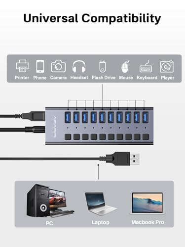 ACASIS Powered 10 Ports USB 3.2 Hub, 10Gbps Data Transfer, 48W Adapter | Individual On/Off Switch for Each Port • Aluminum Housing • Better Heat Dissipation • Plug & Play - size: 10 ports