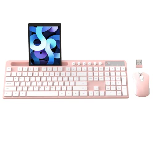 Wireless Keyboard and Mouse Combo, MARVO 2.4G Ergonomic Wireless Computer Keyboard with Phone Tablet Holder, Silent Mouse with 6 Button, Compatible with MacBook, Windows (Pink) - color: Pink