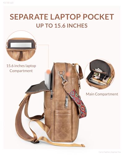 Leather Laptop Backpack 15.6 inch Womens Computer Bag Camel | 3-in-1 laptop purse: Dedicated 15.6" Compartment, 7-Pocket Organizer, Colorful Shoulder Strap, Work & Travel Ready - color: Camel