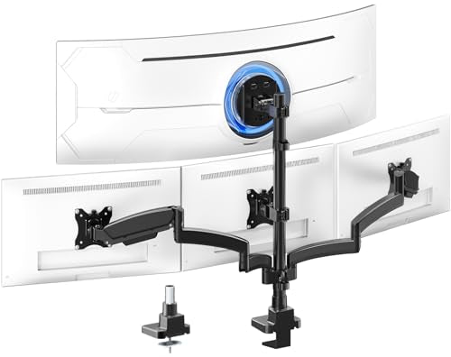 PUTORSEN Quad Monitor Mount for up to 49’’ Ultrawide on Top Bracket and 27’’ Screens on Lower Brackets, Holds up to 44lbs, Quad Monitor Stand with Gas Spring, C-Clamp & Grommet Base - size: 27 Inch