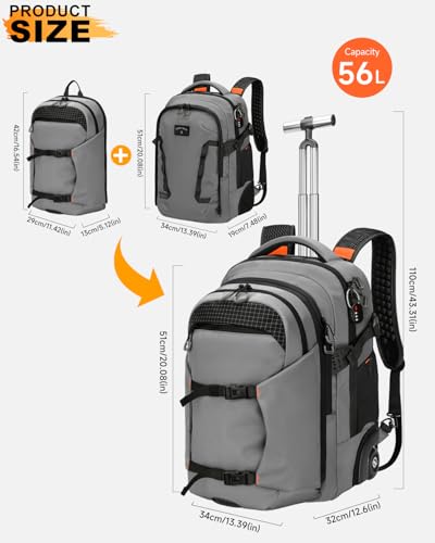 2-in-1 Detachable Rolling Backpack & Daypack, 56L Large Backpacks with Wheels Fits 17 Inch Laptop, Water Resistant, Carry On Luggage for College, Travel, Camping, Hiking Grey - color: Grey, style: Rolling Backpack