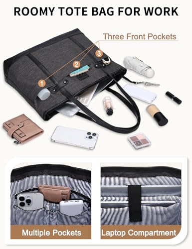 RAVUO Laptop Tote Bag for Women, Water Resistant 15.6 Inch Computer Handbag Purse Teacher Bag With Portable Small Pouch - color: Dark Grey