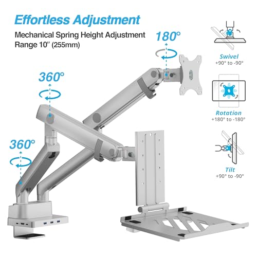 AVLT Laptop & Monitor Arm Desk Mount for 17-38" Screens, USB-C Dock - Gray | Supports flat/curved screens up to 22 lbs each. 12-17" laptop tray, 7-in-1 USB-C dock, HDMI 4K60, Ethernet and 100W PD - color: Gray