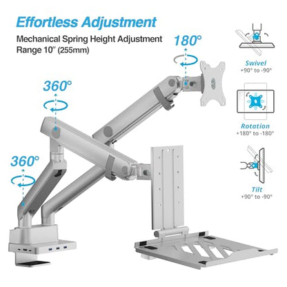 AVLT Laptop & Monitor Arm Desk Mount for 17-38" Screens, USB-C Dock - Gray | Supports flat/curved screens up to 22 lbs each. 12-17" laptop tray, 7-in-1 USB-C dock, HDMI 4K60, Ethernet and 100W PD - color: Gray