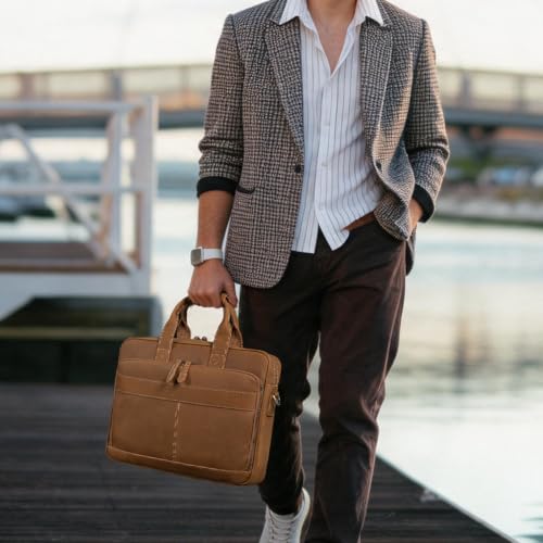 Augus Leather Briefcase for Men, 16 Inch, Full-Grain Leather, YKK Zipper - color: Light Brown