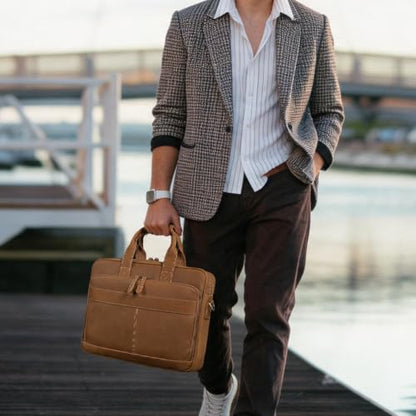 Augus Leather Briefcase for Men, 16 Inch, Full-Grain Leather, YKK Zipper - color: Light Brown