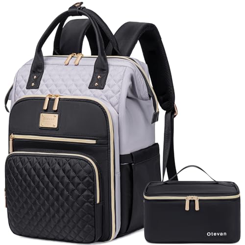 Otevan 15.6 Inch Laptop Backpack for Women, Work Backpack with Lunchbox, Insulated Backpack Cooler, Teacher Nurse Travel Backpack for Women, Gray/Black, 24009 - color: Gray/Black