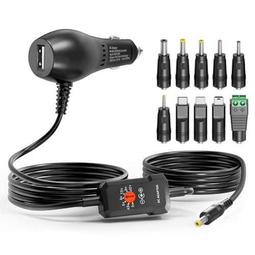 Powseed 34W 3V 4.5V 5V 6V 7.5V 9V 12V DC Car Charger with 10 Tips and USB | Cigarette Lighter Adapter Power Supply Cord for Portable DVD Player Dash cam Breast Pump Speaker Micro USB Car Adapter