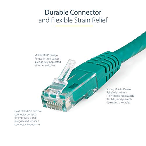 StarTech 3ft CAT6 Ethernet Cable - Green CAT 6 Gigabit Ethernet Wire -250Mhz 100W PoE RJ45 UTP Molded Network Patch Cord with Strain Relief (C6PATCH3GN) | 250MHz bandwidth, Gold-plated RJ45, Patch Cable, Ethernet Cord, UTP Molded Network, Strain Relief, 1