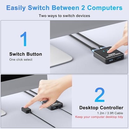 USB 3.0 Switch 2 in 2 Out, USB Switcher 2 Computers Sharing Keyboard and Mouse Printer Scanner Webcam, Printer Splitter for 2 PC, 2 Port USB-A Selector Switch with 2 USB Cables and Desktop Controller