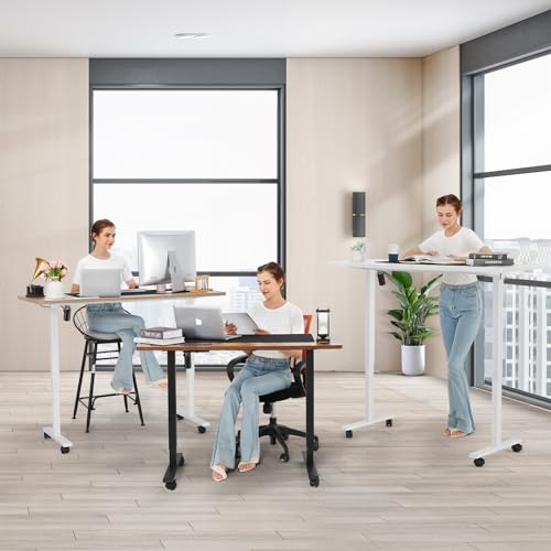 farexon Electric Standing Desk Adjustable Height, 63x24 Inches Stand up Desk with Rolling Wheels, Mouse Pad,Home Office Writing Gaming Computer Workstation Table(White) - color: White, size: 63 x 24''