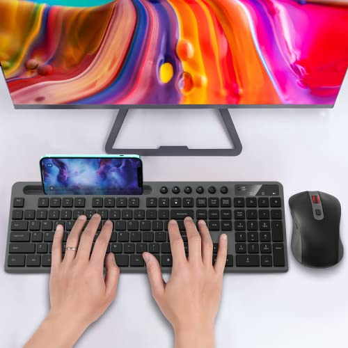 Wireless Keyboard and Mouse Combo, MARVO 2.4G Ergonomic Wireless Computer Keyboard with Phone Tablet Holder, Silent Mouse with 6 Button, Compatible with MacBook, Windows (Grey) - color: Grey