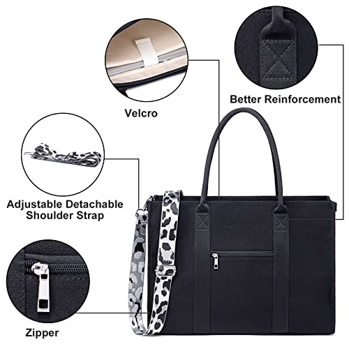 BTOOP Work Tote Bag for Women, Laptop Tote Bag With 15.6 Inch Padded Compartment, Teacher Nurse Bible Bags - color: Black-leopard Print