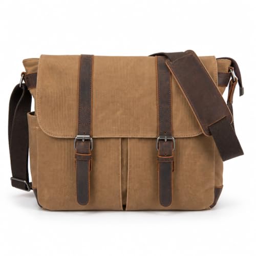 Vintage Genuine Leather Waxed Canvas Briefcase Large Satchel Shoulder Bag Rugged Computer 15.6" Laptop Bag - color: Khaki-2