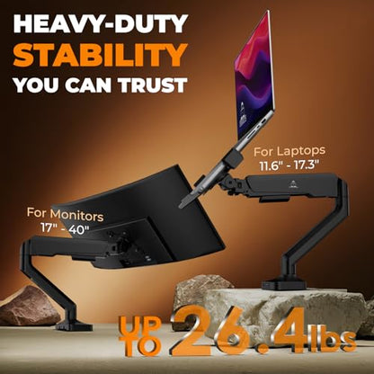 Elevate Pro - Heavy-Duty Standing Laptop Mount for Desk (11"-17.3" - max. 26lbs) Fully Adjustable Gas Spring Arm Stand - Clamp & Grommet Base - Steel Plates for Desk Protection & Stability