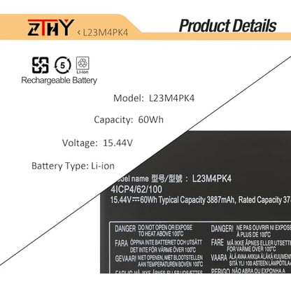 L23B4PK4 L23M4PK4 Laptop Battery Replacement for Lenovo LOQ 15AHP9 15ARP9 | 15IAX9 15IAX9I 15IRX9 Legion 5 15AKP10 15AHP10 15IAX10 15IRX10 Series L23D4PK4 L23L4PK4 SB11M64615 15.44V 60Wh - size: 9.13*3.11*0.31inch L23M4PK4