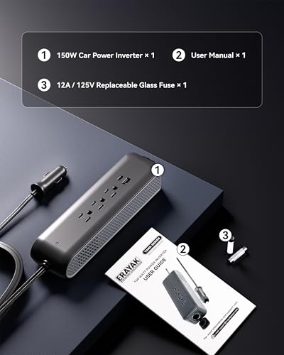 ERAYAK 150W Cigarette Lighter Adapter Car Power Inverter DC 12V to 110V AC with 3 AC Outlets, 18W USB-C, USB-A & Extra 12V Socket for Laptop, Phone, Tablet, Game Console