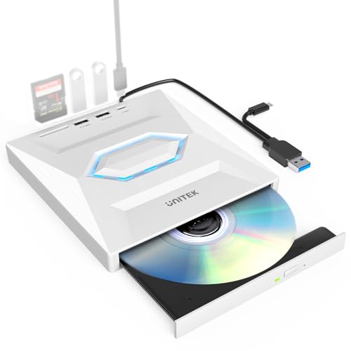 Unitek External CD/DVD Drive USB C Portable DVD Player with SD Card Slots 3 USB Ports CD ROM Burner External Disk Drive Optical Compatible with Laptop Desktop Mac Windows 11/10/8/7 Linux - color: 5-IN-1 WHITE