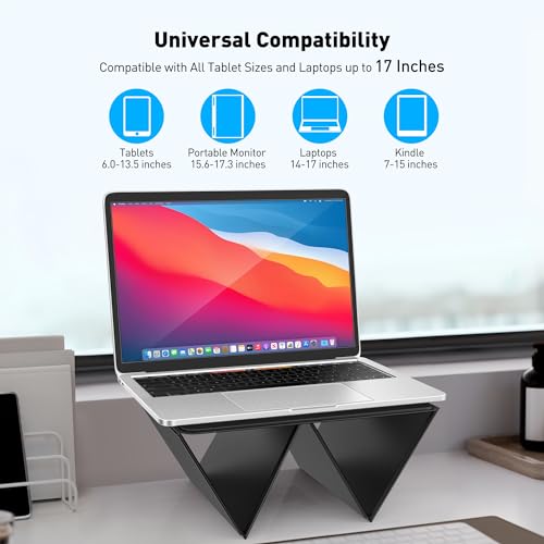 AboveTEK Ergonomic Laptop Stand & Tablet Holder for Desk,Portable Foldable Computer Riser,Adjustable Angle Travel Stand for MacBook Air/Pro,iPad,Fits 13-16 inch Devices,Ultra-Sleek PU Leather-(Black)