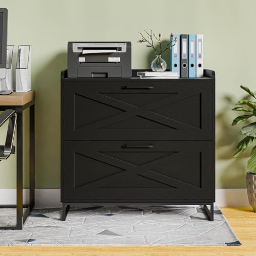 2 Drawer Lateral File Cabinet, Filing Cabinet with Charging Station for Letter/Legal/A4 Size Hanging Files, Modern Farmhouse File Storage Cabinet for Home Office, Printer Stand with Storage, Black - color: Black