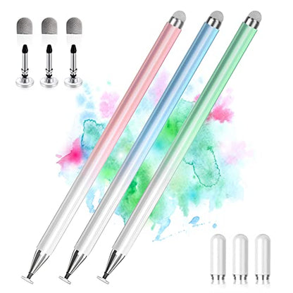 Stylus Pens for Touch Screens, 2 in 1 High Precision Universal Stylus Pen for iPad Compatible with Apple, iPhone, iPad, Android, Samsung Tablets, Phones, 3 Pack -Blue, Green, Pink - color: Blue, Green, Pink