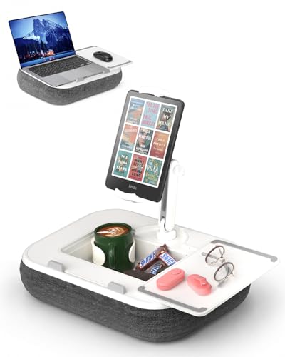 Viozon Kindle Pillow Stand Holder, Phone Holder for Bed, Laptop Lap Desk with Mouse Pad,Compatible with 4.7-13" Kindle/Tablet/Phone,10-15" Laptop, Snack Bowl&Cup Attachment&Detachable 360°Stand Arm - color: White/Grey