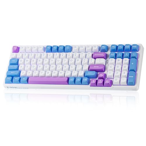 E-YOOSO Z-99 96% Tri-Mode Wireless RGB Keyboard, Hot-Swap Linear | Gasket mount, pre-lubed switches, music rhythm RGB, double-shot PBT keycaps, 2-stage stand, 99 keys. - color: Z-99-White&Blue&Purple