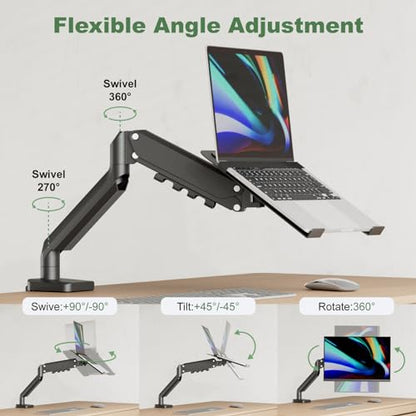 2-in-1 Gas Spring Laptop Desk Mount for 12"-17" Notebook/13"-32" Monitor | Full Motion Adjustable Laptop Desk Stand with Tray, Holds 3.3-17.6lbs, VESA 75/100MM, Clamp-on and Grommet Base