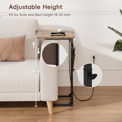 Vagusicc C-Shaped End Tables Set of 2 with Charging Station, 33'' Tall C Table Adjustable Height Side Table, Sofa Table for Couch, Couch Table that Slide Under Sofa, TV Trays for Living Room, Brown - color: 2pc Rustic Brown, style: With Plug