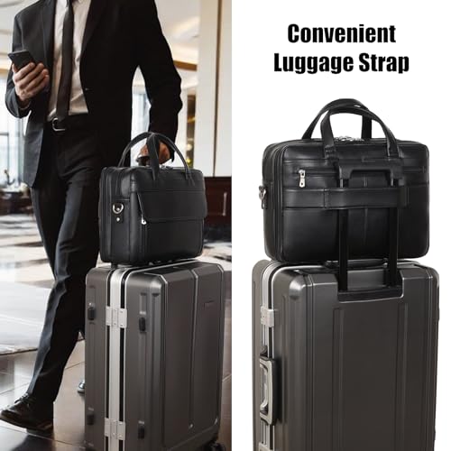 Masa Kawa Leather 15.6" & 17" Laptop Briefcase Men Business Messenger Bag | Full Grain Cowhide Business Travel Office Work Crossbody Shoulder Professional Attache Case for 2 Computers - color: Black-fits 15.6" Laptop