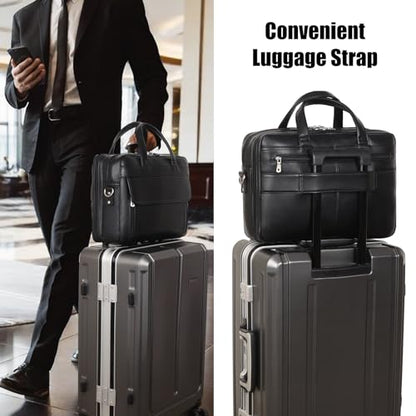 Masa Kawa Leather 15.6" & 17" Laptop Briefcase Men Business Messenger Bag | Full Grain Cowhide Business Travel Office Work Crossbody Shoulder Professional Attache Case for 2 Computers - color: Black-fits 15.6" Laptop