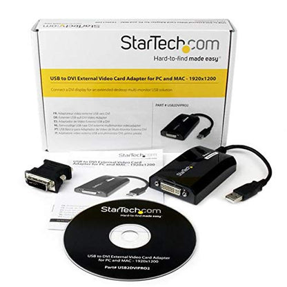 StarTech USB-A 2.0 to DVI Adapter, 1920 x 1200, USB powered (USB2DVIPRO2) | USB to DVI external video and graphics card, Dual monitor display cable, Mac and Windows