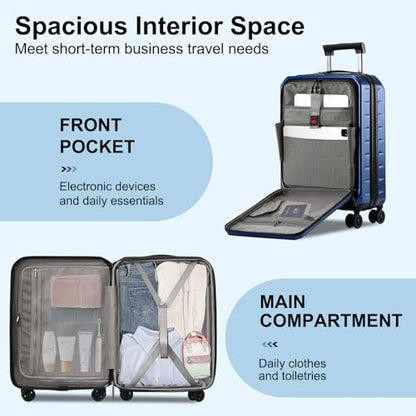 CENSIEN 20 Inch Carry On Luggage 22×14×9 Airline Approved with Front Pocket | Front Opening with Laptop Pocket,Lightweight ABS+PC Hard Shell Suitcases,360° Spinner Wheels,TSA Lock,YKK Zipper,Blue - color: Navy Blue, size: 20 Inch
