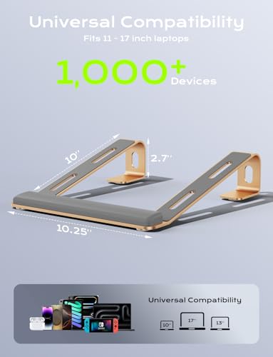JCZT Aluminum Laptop Stand, Notebook Stand with Wrist Rest, Ergonomic Detachable Laptop Mount, Computer Stand Compatible with 10-17'' All Laptops Such as MacBook Air Pro/HP/Dell/Lenovo, Gold - color: Gold