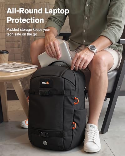 Tolaccea Travel Laptop Backpack 30L Carry On TSA Approved for Commute Trips | 100% RPET Recycled Fabric | EVA-cushioned Laptop Protection | TSA 180° Lay-flat Opening | Reinforced Stability Base Panel - color: Black