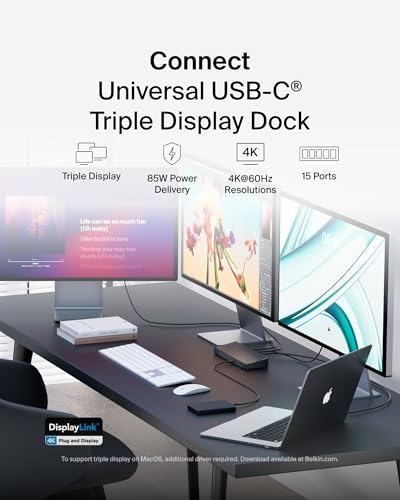 Belkin 15-in-1 Universal Triple Display DisplayLink Docking Station Hub w/ 3 HDMI Ports, 2 DisplayPorts for Triple 4K Display w/ 85W PD, 3.5mm Mic/Speaker, 1 USB-C, & 5 USB-A Ports, Black - style: 15-in-1, Triple Display, 85W