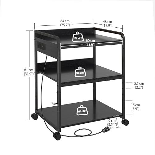 Livofloral Printer Stands with Charging Station, 25.2 x 18.9 Inch Large Printer Stand with Wheels for Home Office, 3 Tier Printer Table with Power Outlet USB Port, Printer Shredder Stand, Black - color: Black