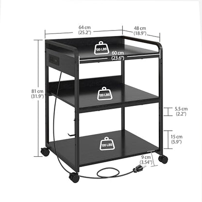 Livofloral Printer Stands with Charging Station, 25.2 x 18.9 Inch Large Printer Stand with Wheels for Home Office, 3 Tier Printer Table with Power Outlet USB Port, Printer Shredder Stand, Black - color: Black