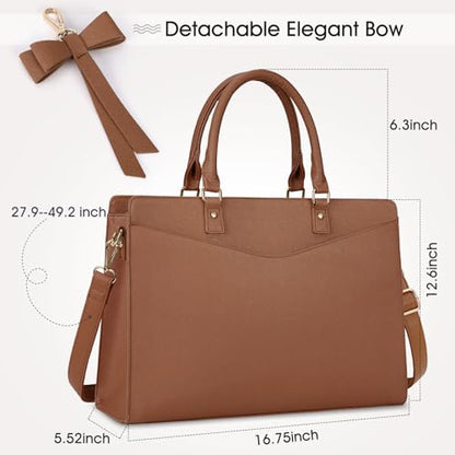 RAINSMORE Laptop Bag for Women 15.6 Inch PU Leather Laptop Tote Professional Business Office Work Bag Waterproof Briefcase Computer Tote Bag Large Lightweight Handbag Shoulder Bag - color: Dark Brown
