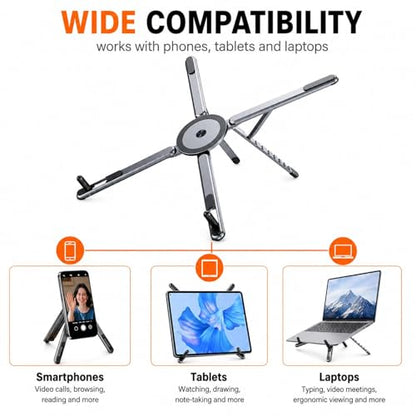 3 in 1 Magnetic Laptop Stand Foldable(Aluminum Alloy Gray) | For Phone Tablet Laptop 10-16 Inch, 8 Level Height Adjustable Computer Riser, Aluminum Alloy, Travel Desk Home Office Use