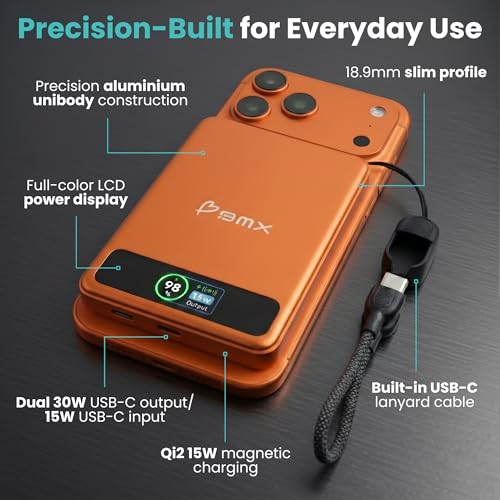 BMX 10K Semi-Solid Power Bank, 10000mAh (Orange) | Semi-Solid State safety; 10,000mAh MagSafe-compatible Qi2 15W for iPhone 17/16/15/14/13/12; 30W dual USB-C; full-color LCD