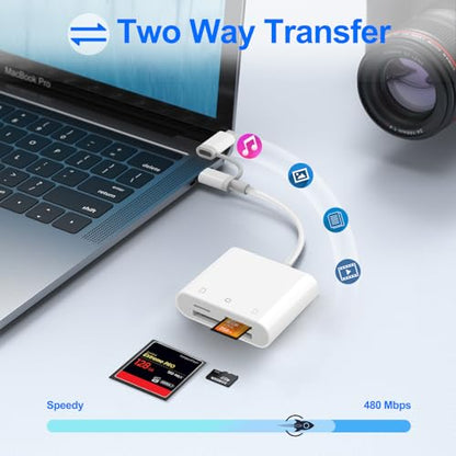 CF SD Card Reader for iPhone iPad Mac Dual Connector (Lightning & USB C), Digital Camera Memory Card Adapter to iPhone with Compact Flash/SD/MicroSD 3 Slot, Plug&Play for Android Phone Laptop