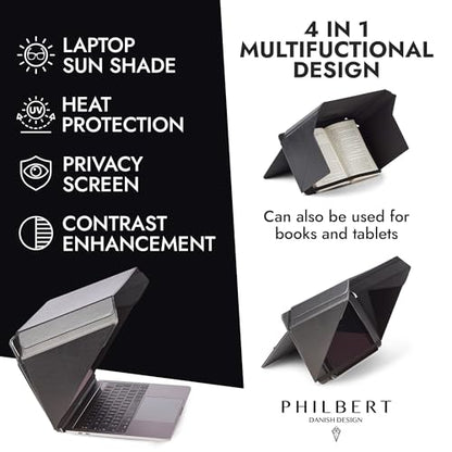4-in-1 Laptop Screen Shade – Original Lux Hood – Sun, Privacy, Heat & Contrast Protection, Freestanding with Pocket, Fits 12–14” MacBook & PC, Patented, Black | PHILBERT Danish Design - color: Black, size: 12-14in