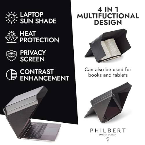 4-in-1 Laptop Screen Shade – Original Lux Hood – Sun, Privacy, Heat & Contrast Protection, Freestanding with Pocket, Fits 15–16” MacBook & PC, Patented, Black | PHILBERT Danish Design - color: Black, size: 15-16in