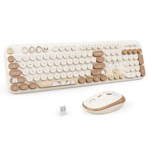 Wireless Keyboard and Mouse Combo, 2.4GHZ Typewriter Retro Full Size Keyboards, Cute Colorful Computer Keyboard and Wireless Mouse for Laptop/Desktop/Windows/PC (Milk Tea Colorful) - color: Milk Tea