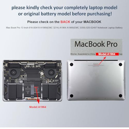 A1964 A1989 Battery Replacement for MacBook Pro 13 Inch A1989 (Mid 2018, 2019) & A2251 (2020), EMC 3214 3358 3348, MR9Q2LL/A MR9R2LL/A MR9T2LL/A/ MV962LL/A MV972LL/A MWP42LL/A MWP52LL/A MWP62LL/A - size: 9.92x3.31x0.28inch A1964
