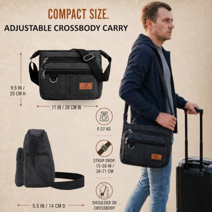 Rfid Crossbody Messenger Bag with Water Bottle Holders, 13 inch Laptop Shoulder Bag, Sling Satchel Purse w/Built-in Wallet - color: Black